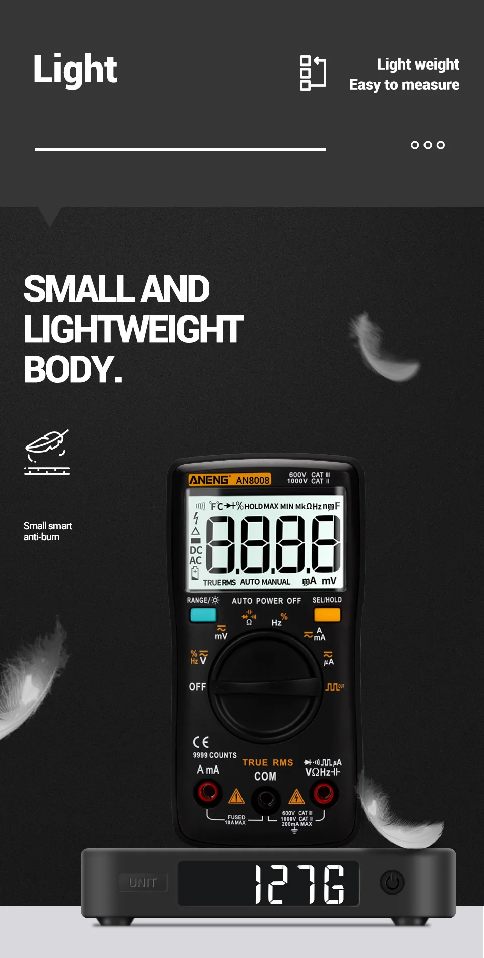 Capacitor de tensão, Power Meters Test, True RMS, AN8008, 9999 contagens