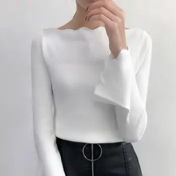

Women Korean Slim Sweater Autumn Solid Color Irregular Collar Sweater Fit Flare Long Sleeve Knitted Pullover Jumpers