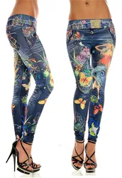 Moda nova senhora sem costura imitação cowboy impressão a cores de cintura alta magro azul jean denim leggings elástico jeggings pant