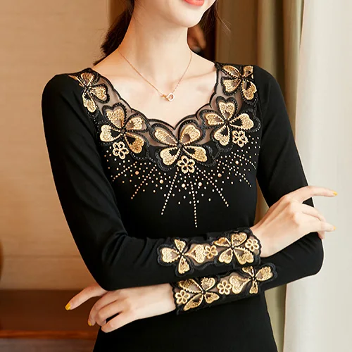 Blusas mujer de moda, Осенние сетчатые топы с длинными рукавами и вышивкой, модная Повседневная Блузка с бриллиантами, рубашка, большие размеры - Цвет: Black-Gold