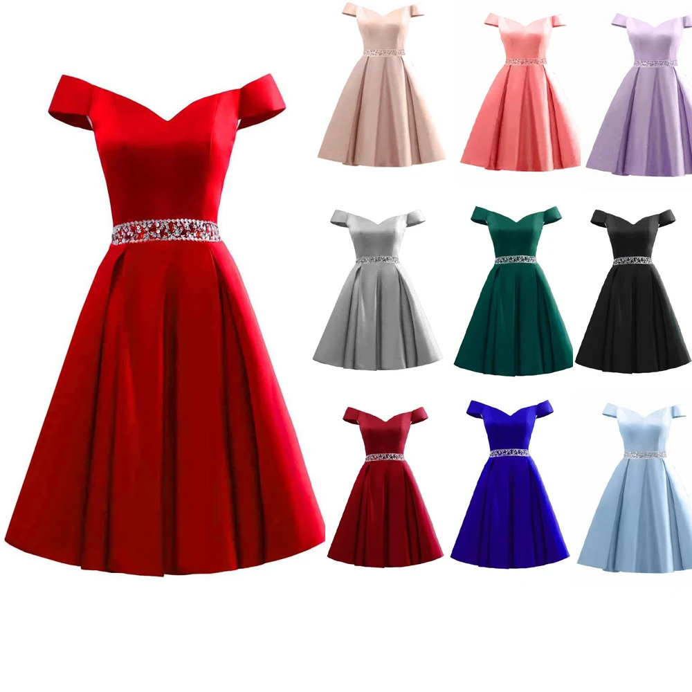 

Off the Shoulder Red Evening Gowns Beaded Short Satin Homecoming Dresses Lace Up Back Formal Party Outfits