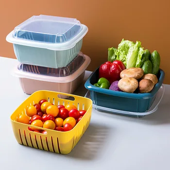 

Multifunctional Storage Basket Drain Basket Plastic Double-Layer Household Kitchen Vegetable And Fruit Basket With Lid