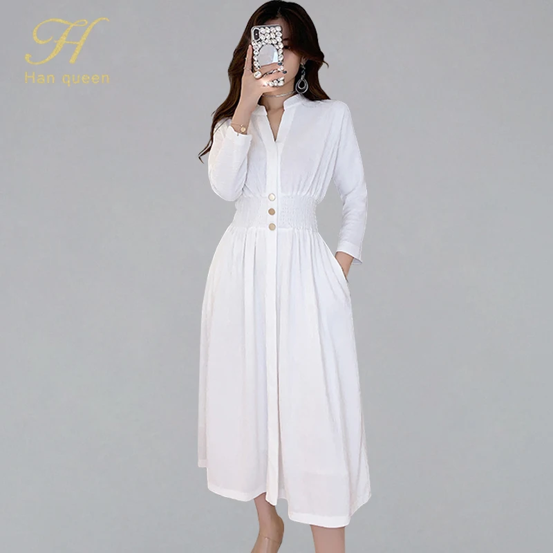 

H Han Queen Elastic Waist A-line Swing Dress Women 2019 Autumn Solid White Batwing Sleeve Casual Dresses OL Office Wear Vestidos