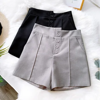 

2020 Fashion Solid A Line High Waist Wide Leg Shorts Korean Brief Design Black Khaki Gray Suit Shorts for Women Short Feminino