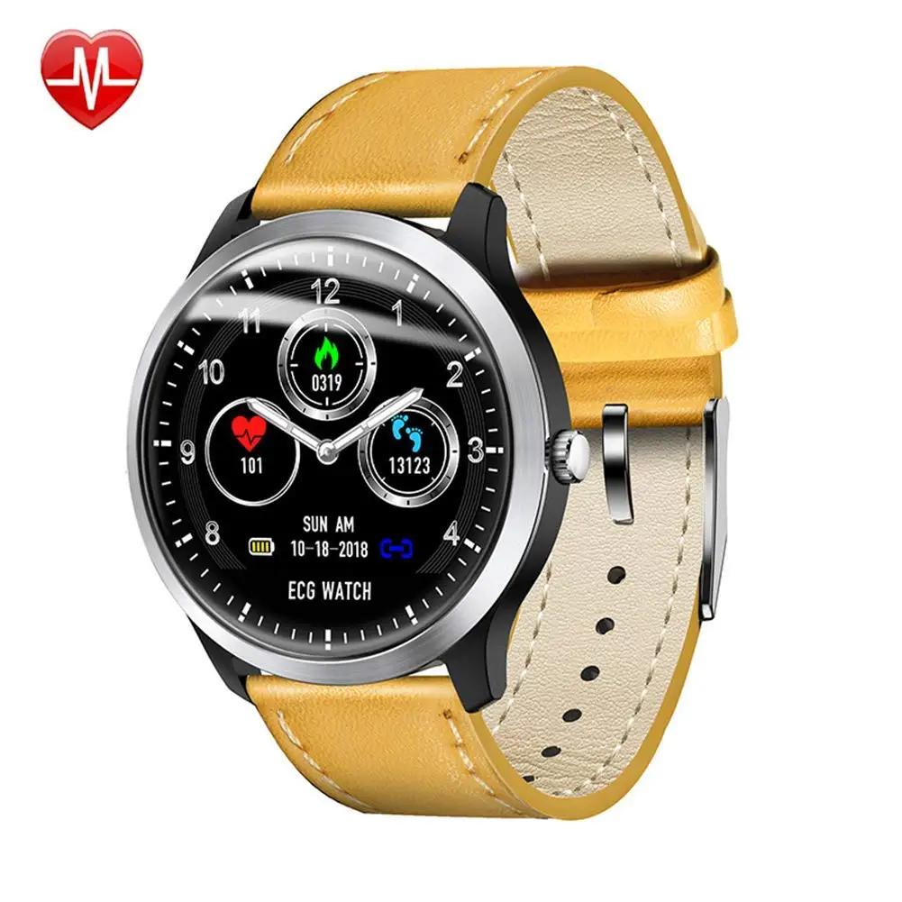 yellow leather Bluetooth Smartwatch мужские деловые часы с монитором сердечного ритма цветной сенсорный экран кожаный и стальной ремешок IP67 водонепроницаемый - Цвет: yellow leather