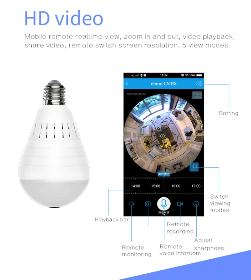 960P Wifi Panoramic Camera Bulb Fisheye Wireless Home Security Video Surveillance Night Version Two Way Audio for Home Security