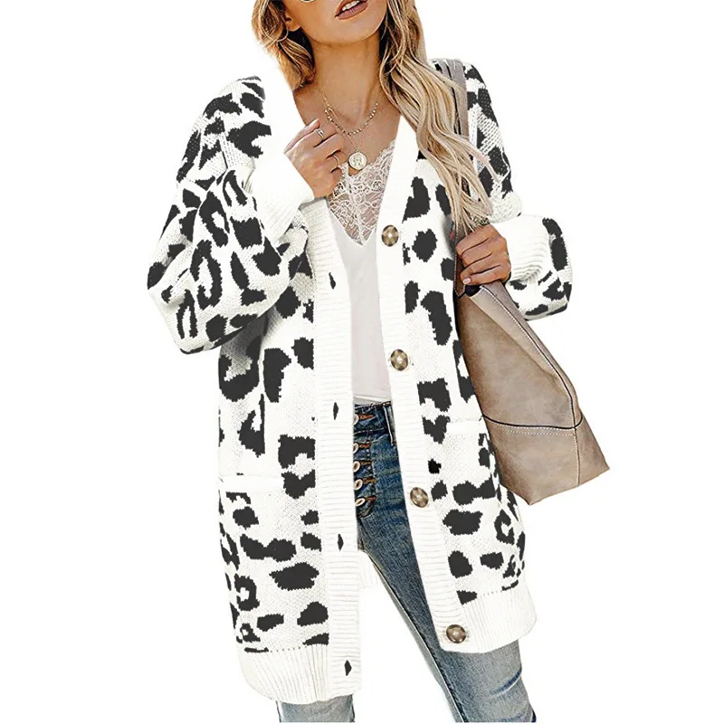 

Fashion Leopard Sweater Woman Cardigans Coat Knit Female Autumn Winter Open Stitch Woman Sweater