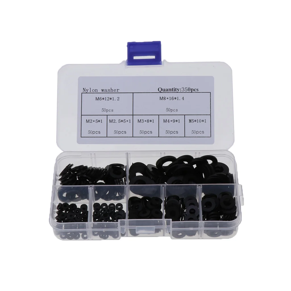 350Pcs Black & White Nylon Flat Spacer Assortment Shim Set Plain Washer O-Ring Gasket Kit M2 M2.5 M3 M4 M5 M6 M8