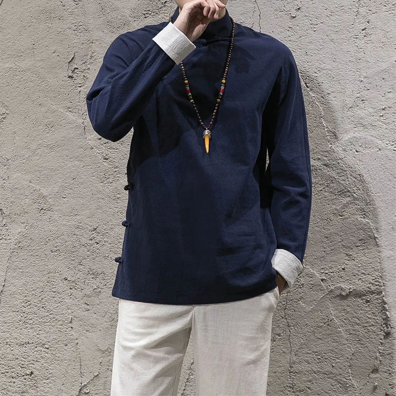 

Mens Tradictional Chinese Clothing Cotton Linen Casual Mandarin Collar Shirts Hanfu Kung Fu Tai Chi Master Costume Tops CN-135