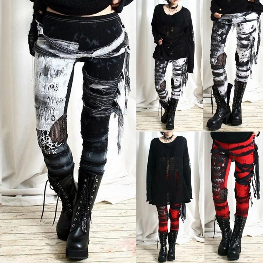 leggins Gothic Punk Leggings Women Tight Elastic Pants Leggins Mujer Hip Hop Rocker High Waist Distressed Legging Pantalones De Mujer ribbed leggings