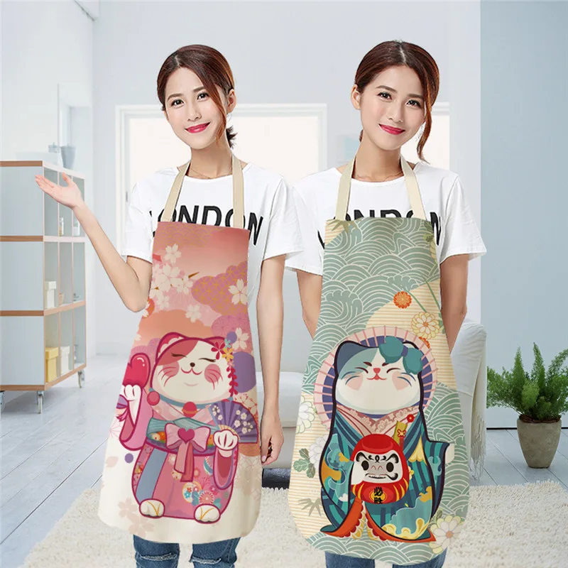 Lucky Cat Apron Kitchen Aprons for Women Cotton Linen Bibs Household Cleaning Pinafore Home Cooking Apron