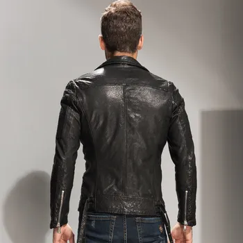

Brand name Leather Top Men's skin sheep short sleeve motorcycle short sleeve black top leather coat