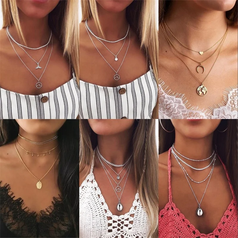 

IFMIA Fashion Gold Silver Wave Pendant Necklaces For Women Boho Vintage Multilayer Choker Necklace 2019 Female Fashion Jewelry