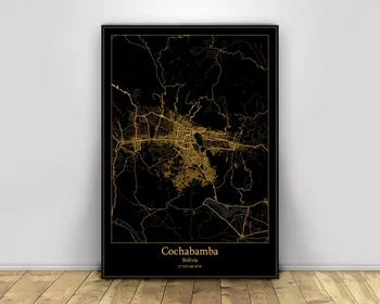 

Cochabamba Bolivia Black&Gold City Light Maps Custom World City Map Posters Canvas Prints Nordic Style Wall Art Home Decor
