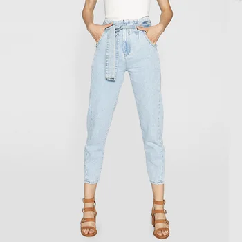 

2019 Vintage ladies jeans for women high waist tether jeans blue casual pencil trousers korean streetwear denim pants