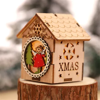 

diy wood house christmas tree hanging ornaments LED Light Wood House Cute Christmas Tree Hanging Ornaments Holiday Decoration #C