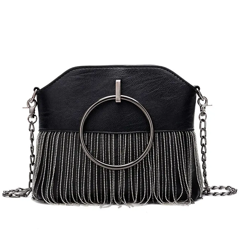 Black A HISUELY Новые женские Сумки из искусственной кожи с кисточками модные дизайнерские черные сумки через плечо с цепочкой на цепочке женская сумка-мессенджер - Цвет: Black A