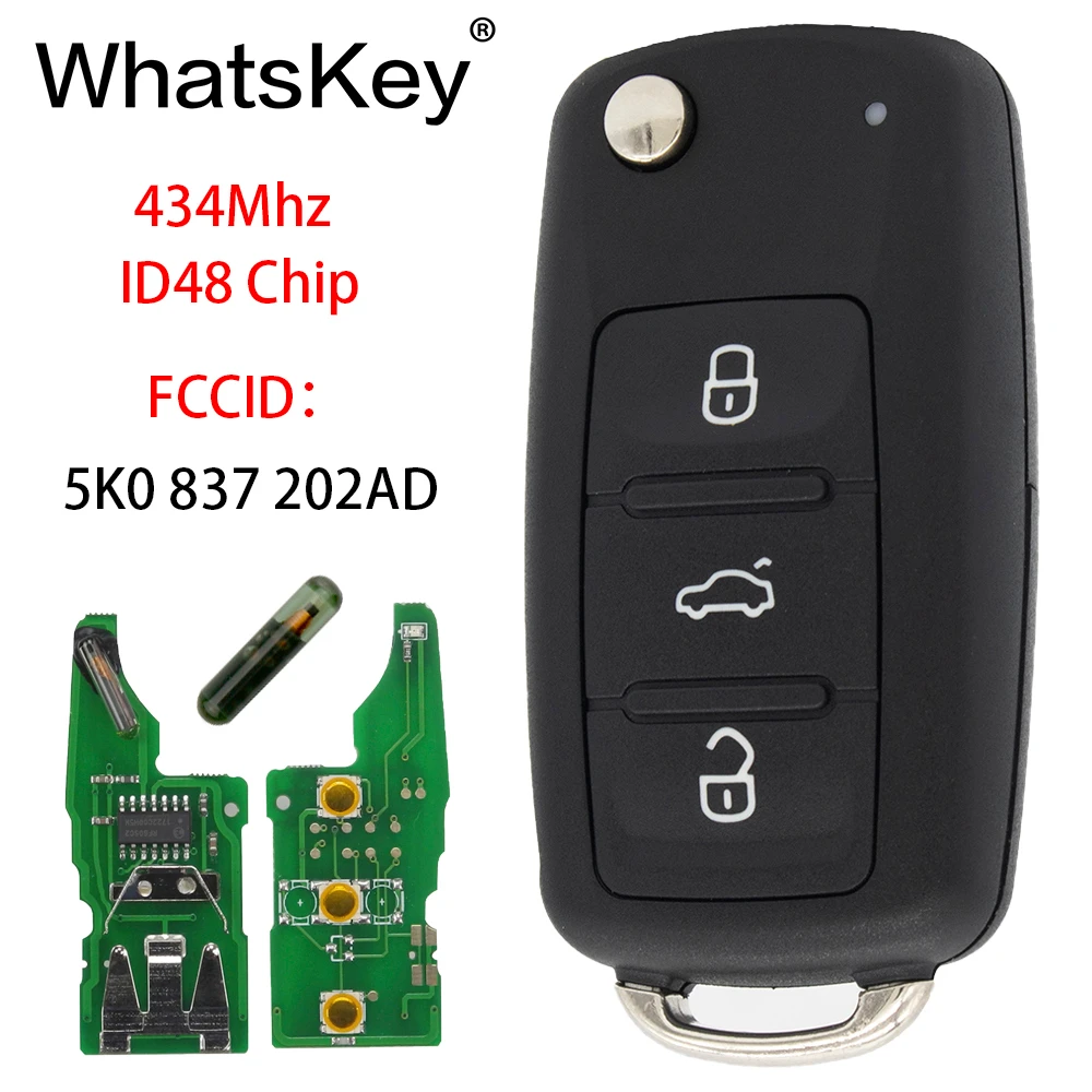 WhatsKey 3 Button Remote 434Mhz ID48 Chip Car Key For Volkswagen VW Caddy Beetle Jetta Eos Golf 5K0 837 202 AD Hella 5K0837202AD