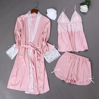 

Women Sexy Satin 3PCS Sleep Suit Kimono Bathrobe Gown Silky Bride Bridesmaid Wedding Robe Lace Homewear 2020 New Pajamas Set