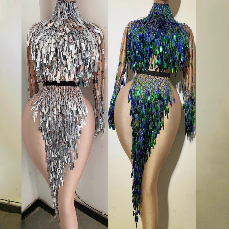 Shiny Fringes Bodysuit For Female Singers Clothing Rumba Dress Long