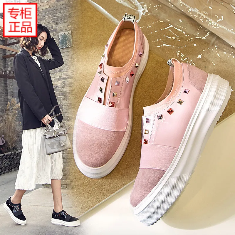 

2019 Spring New Style Women's Rivet Semi-high Heeled Thick Bottomed round-Toe Leather Shoes Casual Online Celebrity Low-top Shoe
