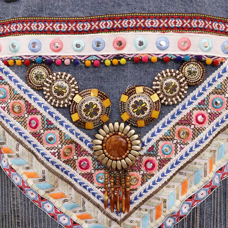 YAMDI Женская вышитая джинсовая куртка винтажное пальто с длинными рукавами фестиваль Подиум украшенный жакет шикарная Женская Chaqueta