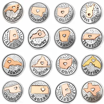 

5pcs/lot New 18mm Snap Button Jewelry Love USA Louisiana Michigan Ohio Map Snap Buttons Fit Metal Snap Bracelets