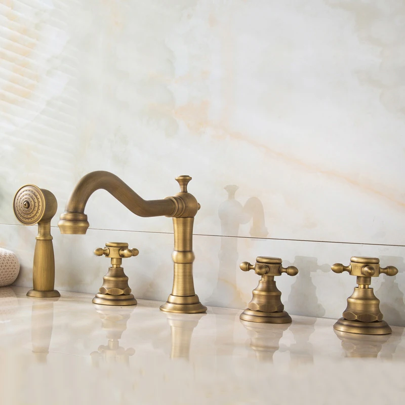 

Antique Brass Three Handles Bathroom Bathtub Faucet 5 Holes Deck Mounted Hot and Cold Water Mixer Basin Tap Handheld Shower
