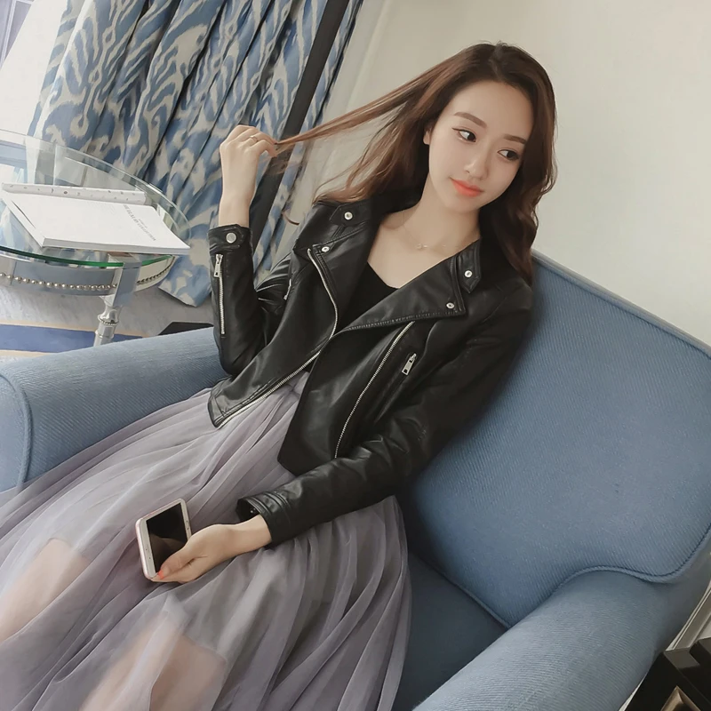 Motorcycle Size Fashion Autumn Plus Clothing PU Leather Jacket Women Turn-down Collar Short Outwear Coat 2020 New Female Tops | Женская