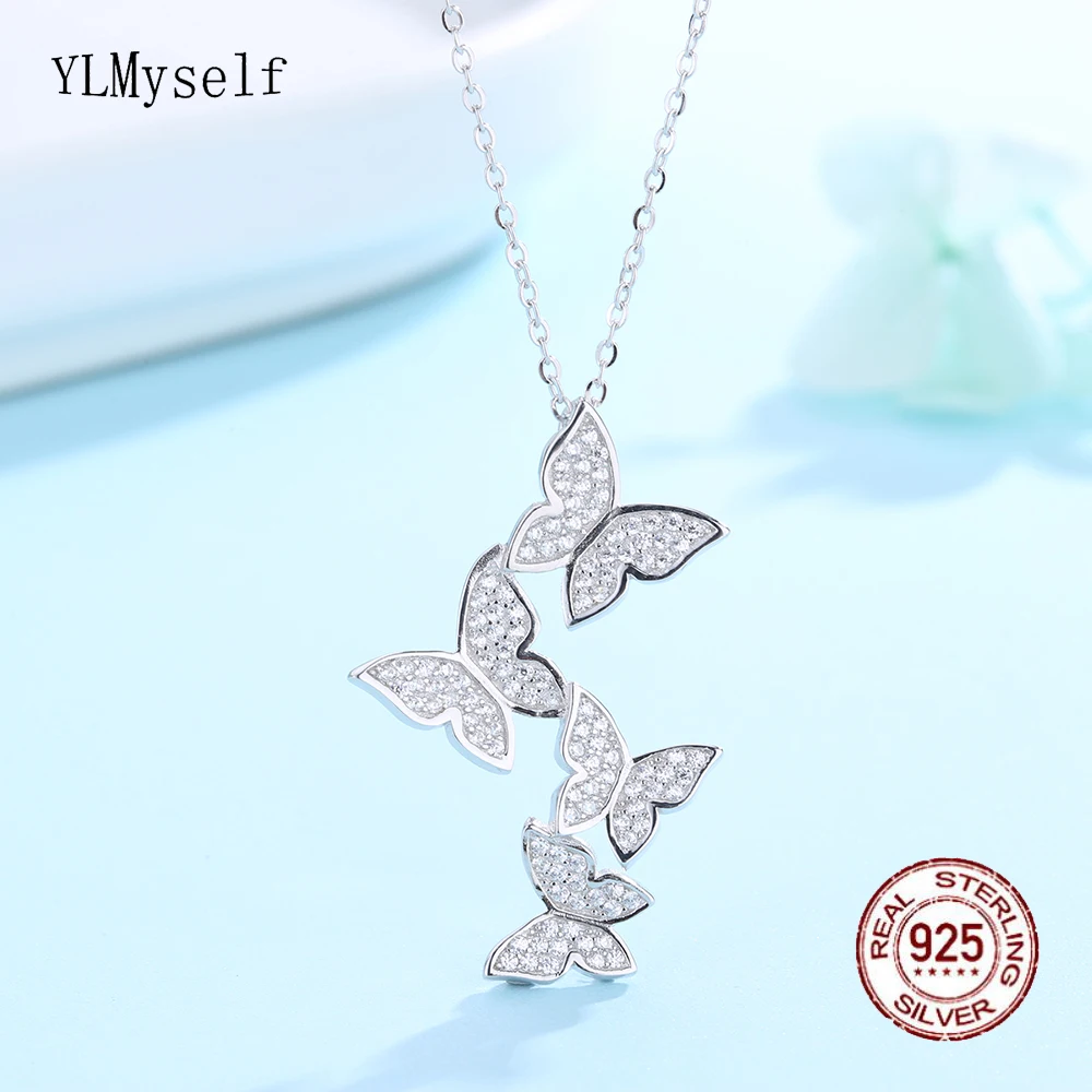 

Solid 925 Sterling Silver Pendant With 40/45cm O Chain, Sparkly CZ Trendy Butterfly Necklace Fine Jewelry