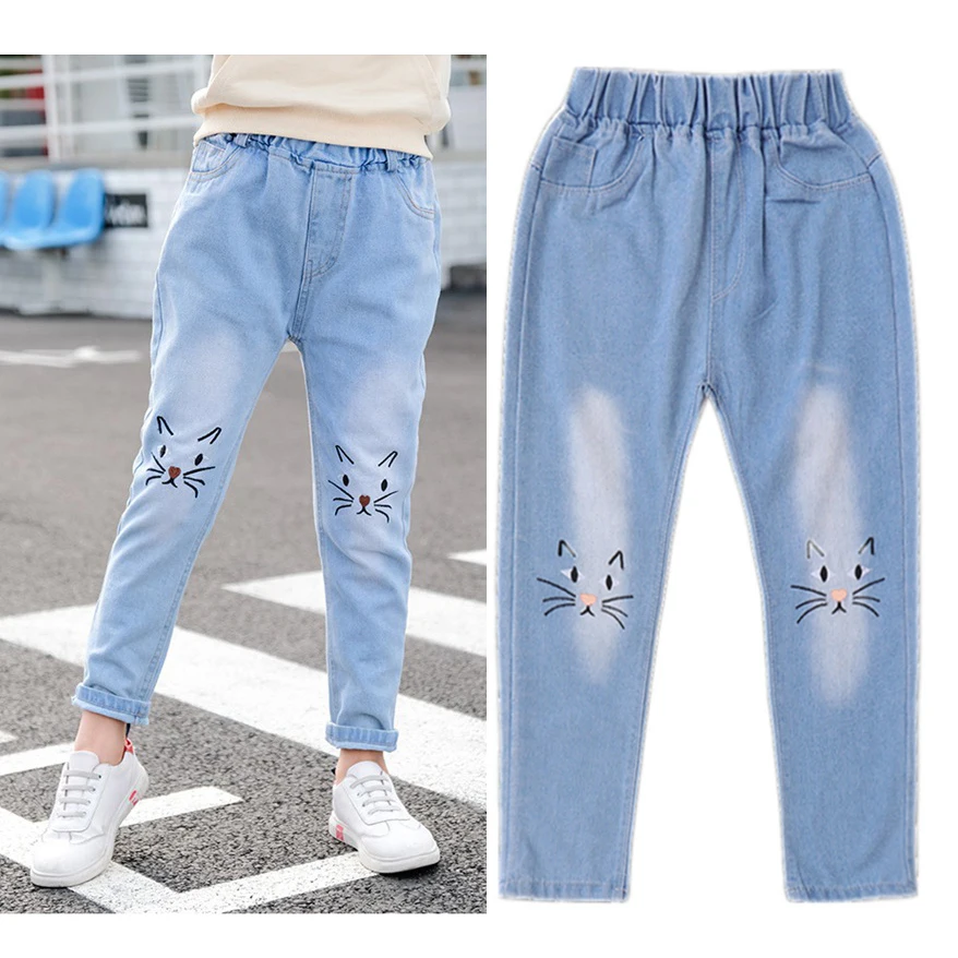 

Hot Quality Boys Girls Jeans for Spring Autumn Children's Clothing Kids Trousers Cat Embroidered Jeans Blue girl Ripped jeans