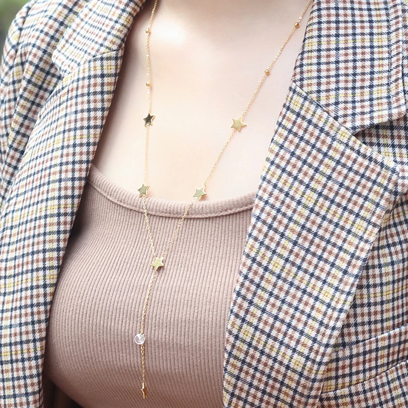 New Womens Gold Silver Color 316 Stainless Steel Zircon Bamboo Chain Stars Long Pendant Multilayer Moon Necklaces Jewelry Choker - Image 2