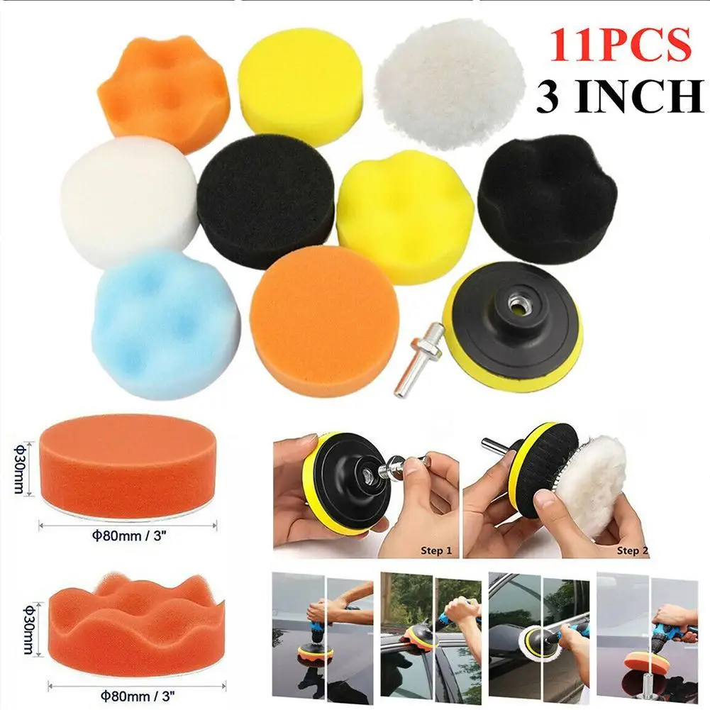 11pcs/set Car Polishing Pad 3-inch Polishing Disc Self-adhesive Waxing Set Sponge Wool Wheel For Waxing Polishing Sealing Glaze