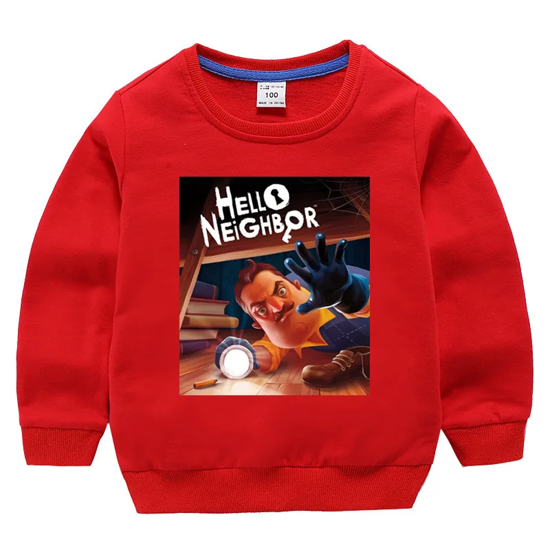 T127T-Red Детские хлопковые толстовки с капюшоном с принтом «Hello neigher» для девочек; детский хлопковый пуловер; топы для маленьких мальчиков; осенняя одежда - Цвет: T127T-Red