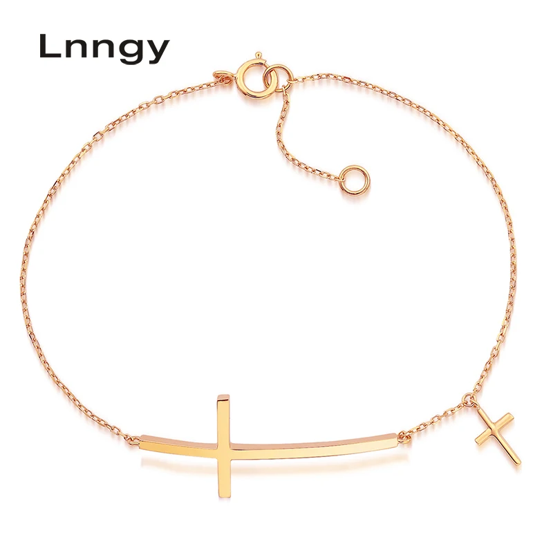 

Lnngy Jesus Christian Womens Mens Horizontal Sideways Cross Bracelets 18K Real Pure Gold Religious Trendy Link Chain Bracelet