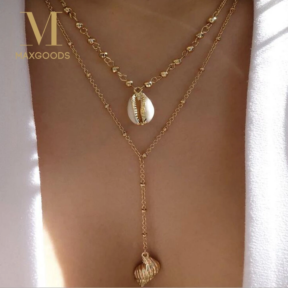 

Boho Beads Fashion Multi layer Gold Color long Conch Shell Pendants Necklace Women Statement Pearl Ocean Seashell Beach Jewelry