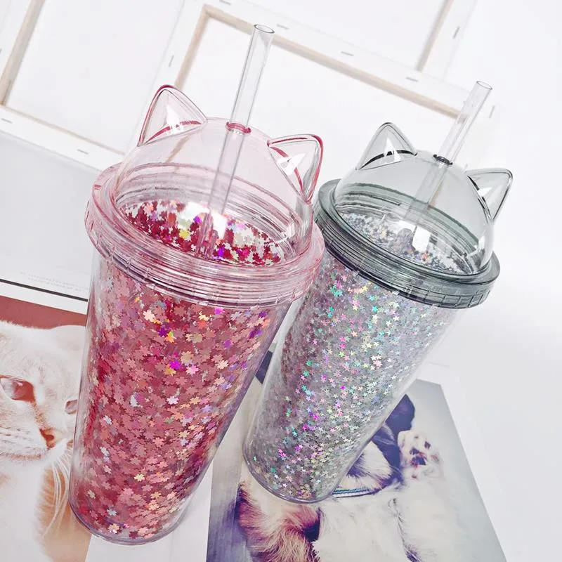 Kawaii Sequined Double Wall Cat Ears Bottle