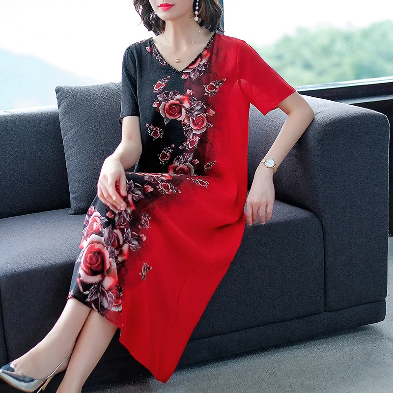 

Silk Printed Dress Women's Loose-Fit Slimming 2019 Summer New Style Cover Belly by Age sang can si qun