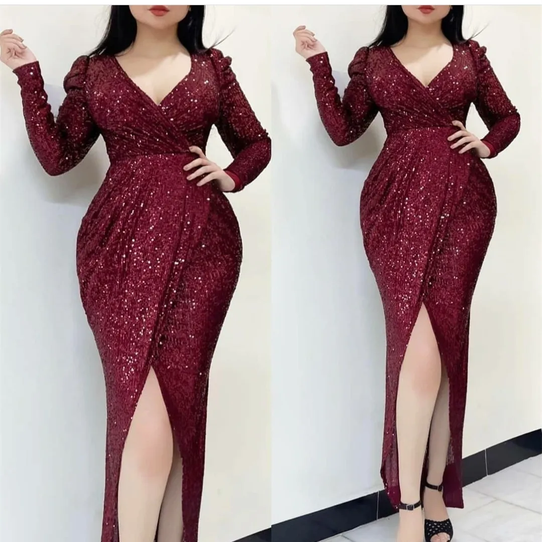 

Vintage Long Sleeve Sequined V-Neck Burgundy Evening Dresses with Slit Sheath Zipper Back Abendkleid Robes de Soirée for Women