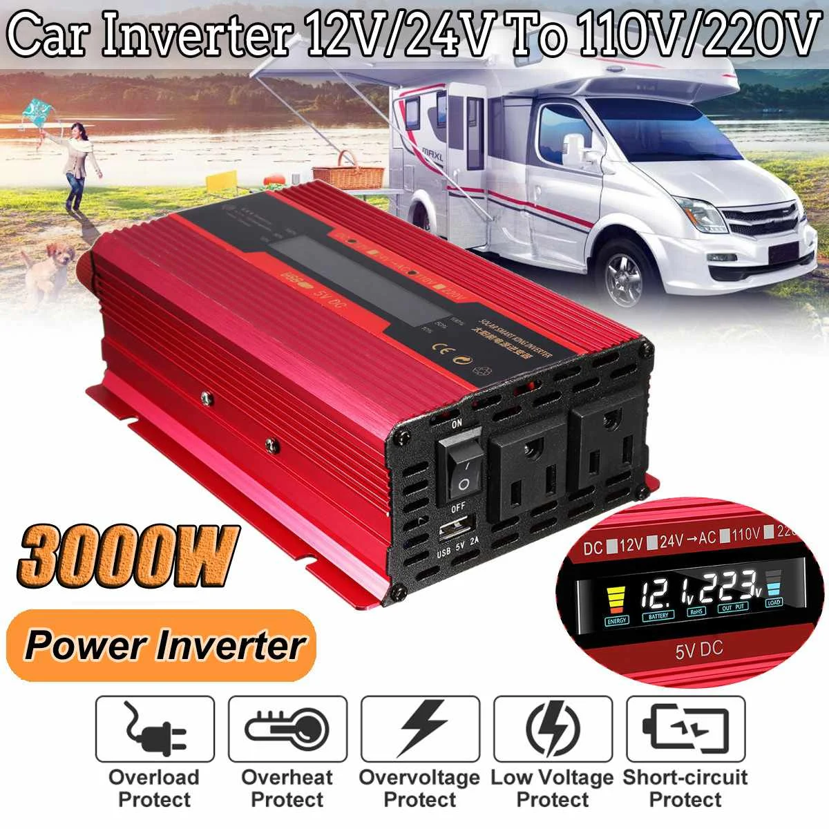 

Smuxi P eak 3000W 12V/24V to 110V/220V Solar Power Inverter LCD Display Aluminum Alloy for car truck