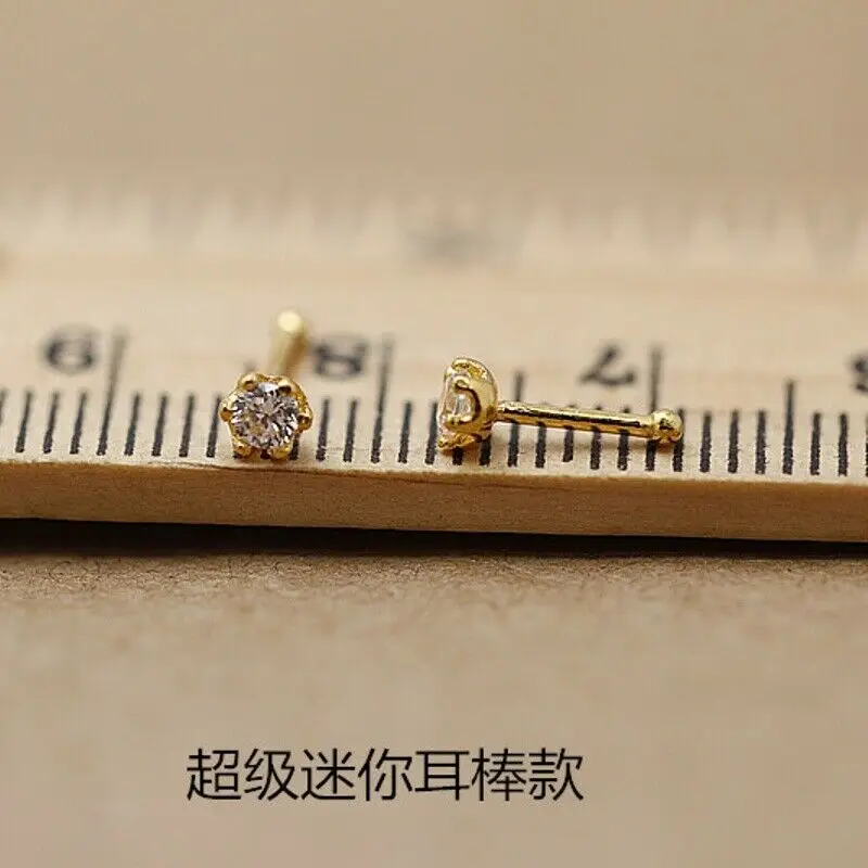 

Pure 24k Yellow Gold Earrings Women Little Zircon Stud Earrings 9mmL