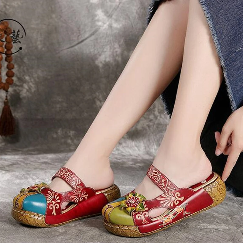 

Thick Heels Shoes Handmade Vintage Flower Shoes Cowhide Woman Sandals Ultra Light Sole Mix Color Wedge Slippers Elegant Shoes