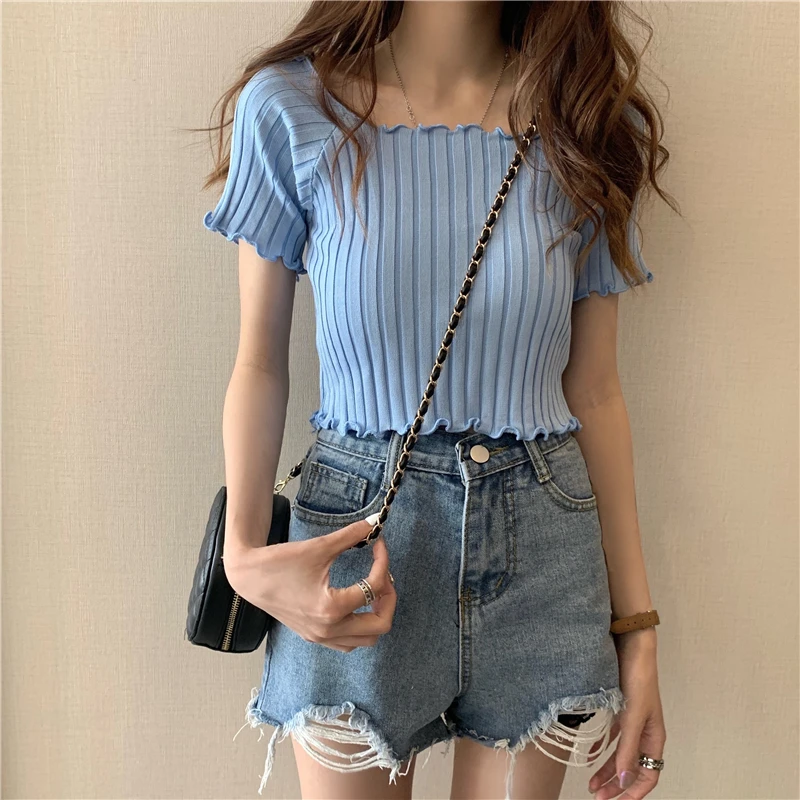 HELIAR Women Off Shoulder T-shirts Knitting Crop Tops Women Short Sleeve Cute Ruffles Hem T-shirts For Women 2021 Summer