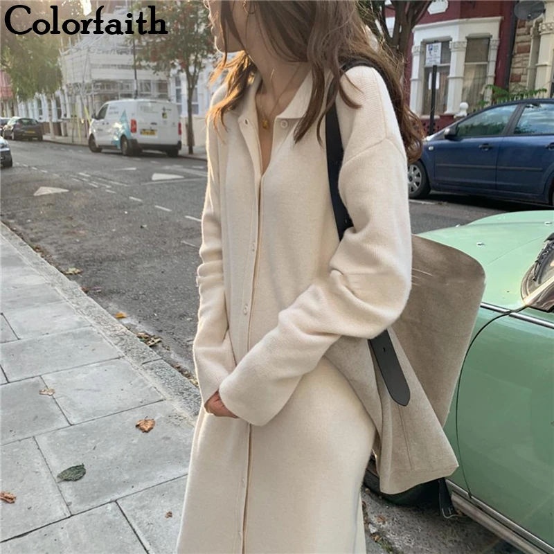 Colorfaith Новинка осенне-зимние женские платья однобортное вязаное прямое минималистичное модное элегантное платье миди DR9220