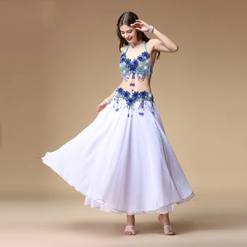 

New Women Sexy Belly Dance Costume Set Suit Carnival Flowers For Oriental Dance Bra Belt Skirt Beaded 3pcs Bollywood Clothes