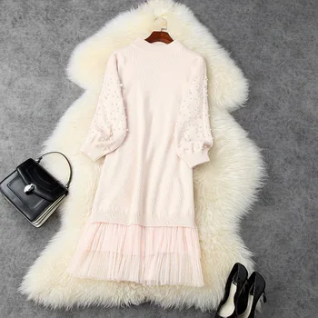 

Autumn winter 2020 women knitted sweater dress pearls beading long sleeve patchwork ruffles mash black shift dresses pink