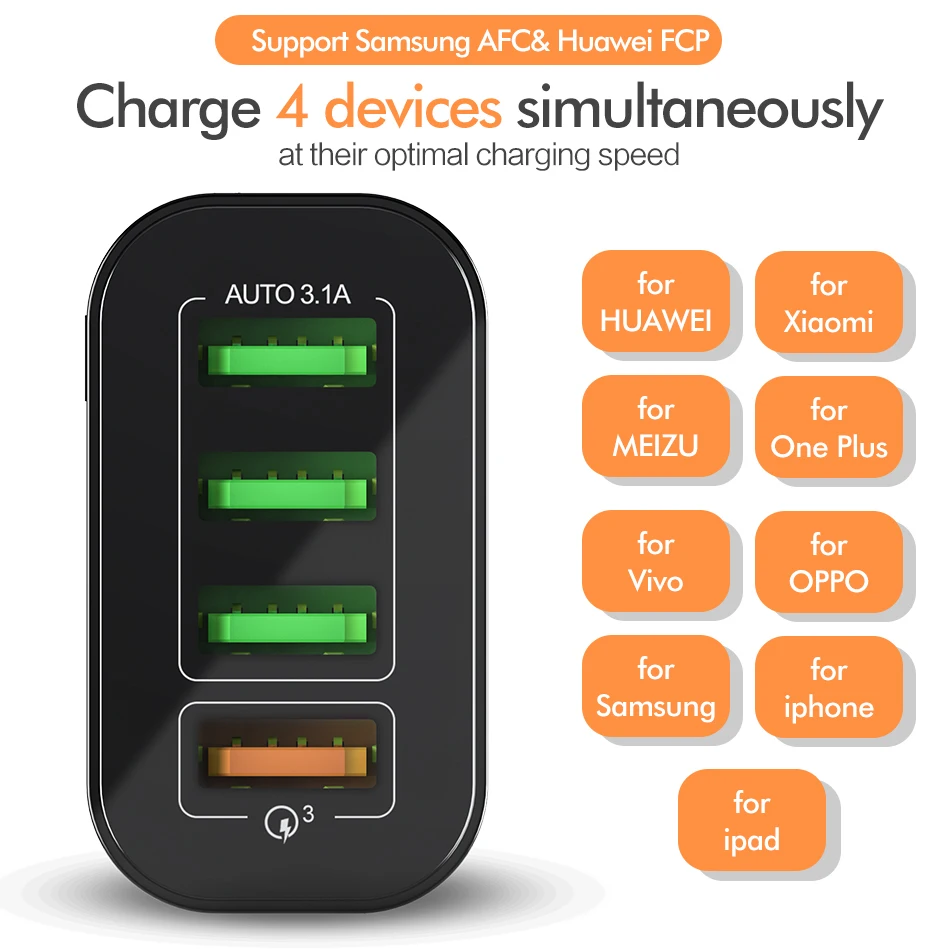 ROCK Quick Charge 3,0 зарядное устройство для телефона 4 порта USB 35 Вт QC 3,0 быстрое зарядное устройство для iPhone 11 Xiaomi huawei настенное зарядное устройство адаптер