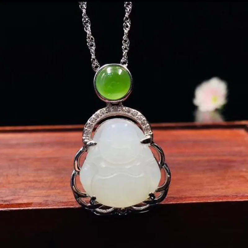 925 Sterling Silver Hot Sale Hetian White Jade 14*16mm Gems Carved Happy Buddha Amulet Pendant For Women Jewelry Party Xmas Gi | Украшения