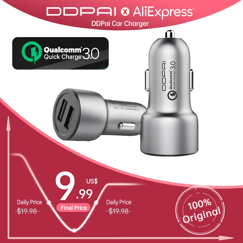 Оригинальное автомобильное зарядное устройство DDPai 2USB порта QC3.0 быстрое