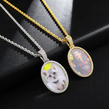

Round Photo Custom Necklace & Pendant Lockets Copper Tennis Chain Gold Cubic Zircon Photo Necklace Men Hip Hop Jewelry